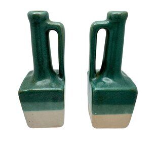 Vintage Zanesville Stoneware Pottery White/Green Pitcher Bottle Vase 6.25" Tall